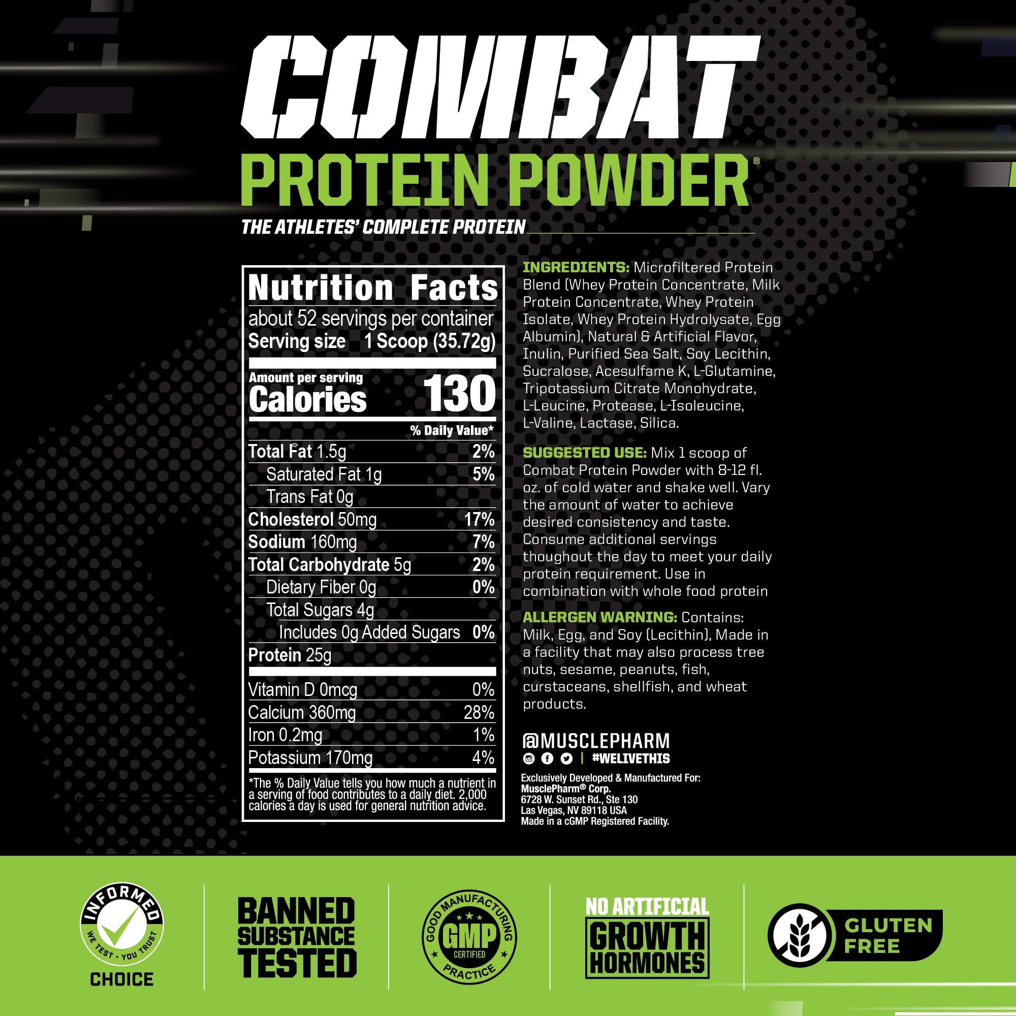 MusclePharm Combat Protein Powder, Banana Cream - 4 lb - Gluten Free - 52 Servings Muscle PharmBuy Supplements Australia