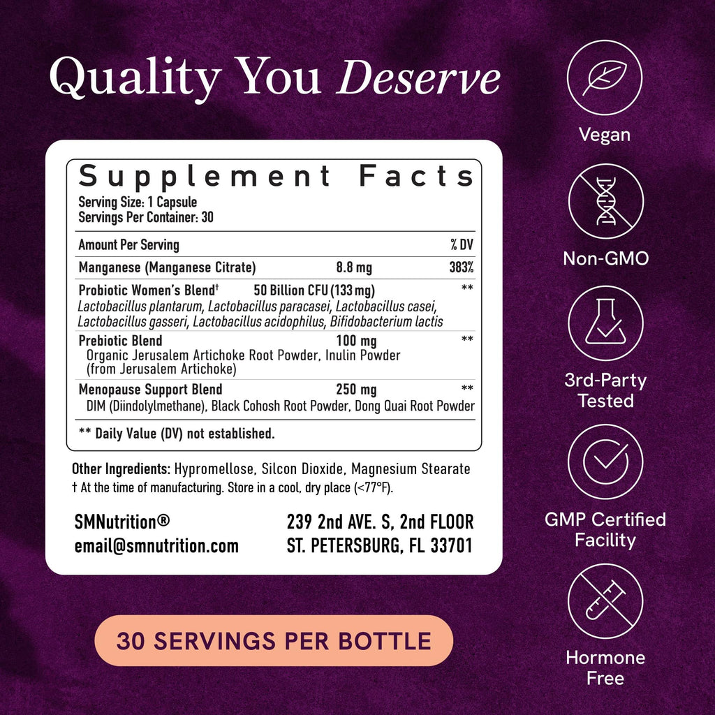 Menopause Support with Prebiotics and Probiotics for Women | Hormone Balance, Hot Flashes & Night Sweats | 50 Billion CFU, DIM & Black Cohosh | Triple Action Menopause Supplements for Women | 30 Ct SMNutritionBuy Supplements Australia