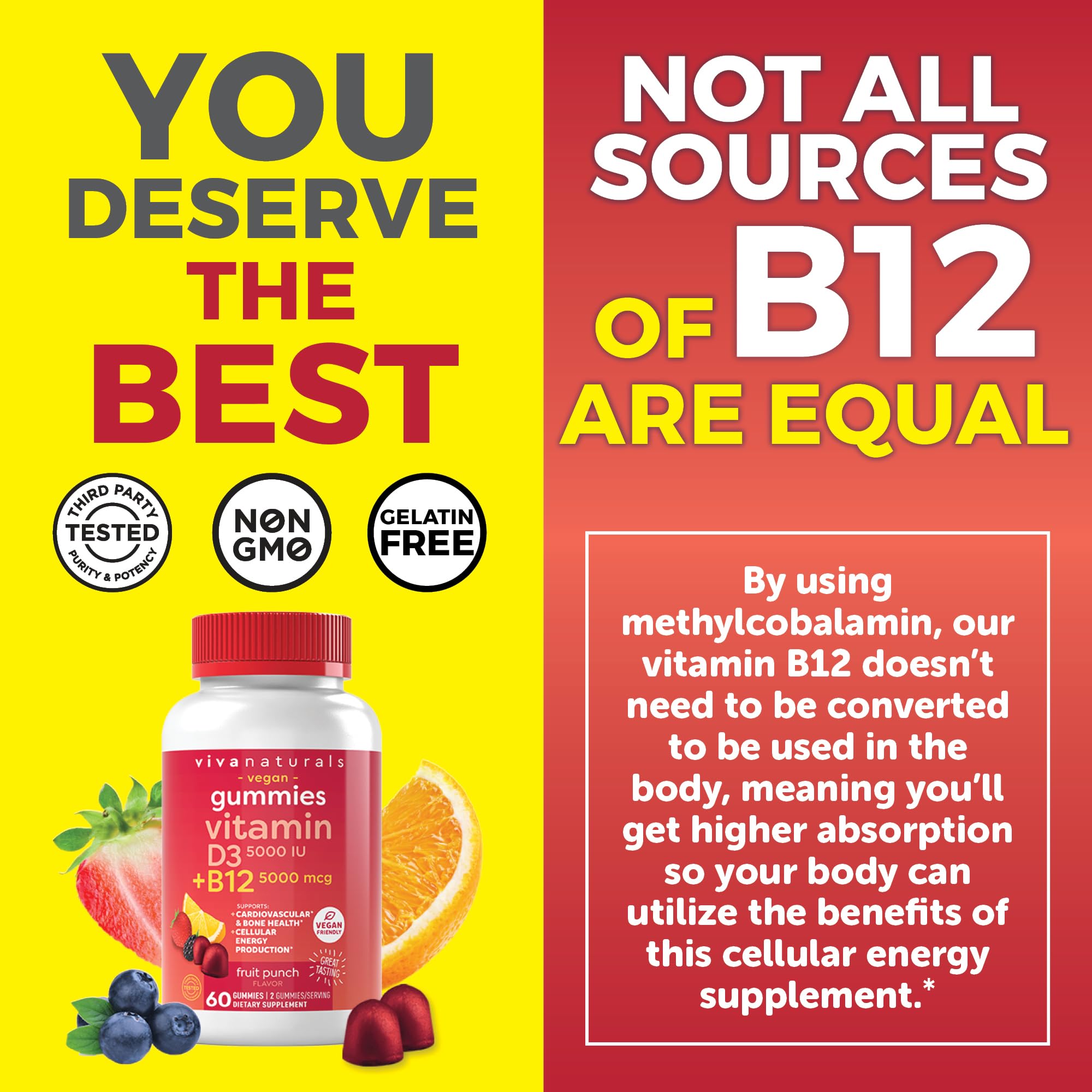 Viva Naturals Plant-Based B12 Gummies with Vitamin D3 - Chewable 5000mcg B12 Viva NaturalsBuy Supplements Australia