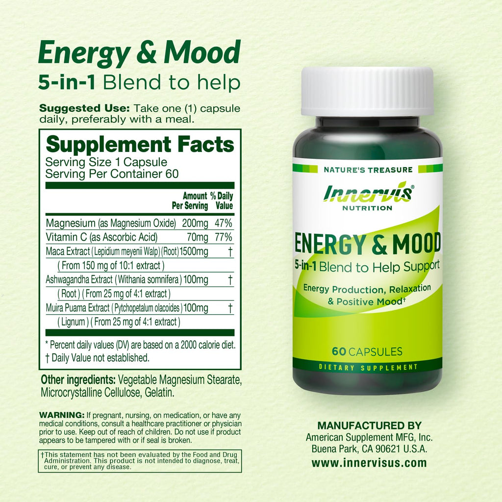 Caffeine Free Natural Energy Boost with Ashwagandha, Maca & Magnesium - Support Stress Relief, Focus & Mood - 60 Capsules by Innervis Nutrition INNERVISNUTRITIONBuy Supplements Australia