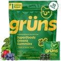Green package of gröns Superfoods Greens Gummies with text and graphics on a white background