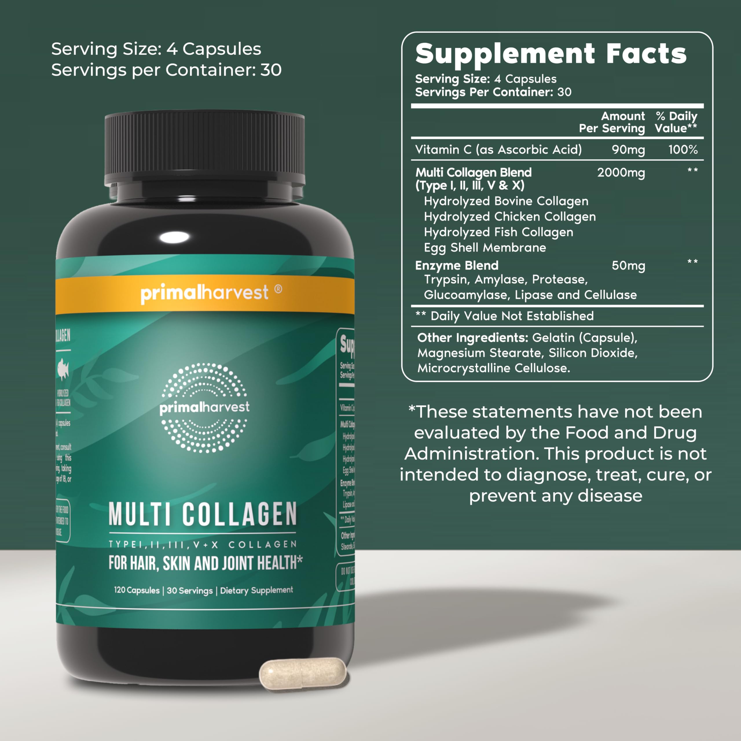 Primal Harvest Multi Collagen Pills for Women and Men (Type I, II, III, V, X) 120 Capsules w/Vitamin C for Hair, Skin, Nails Primal Harvest buy supplements Au