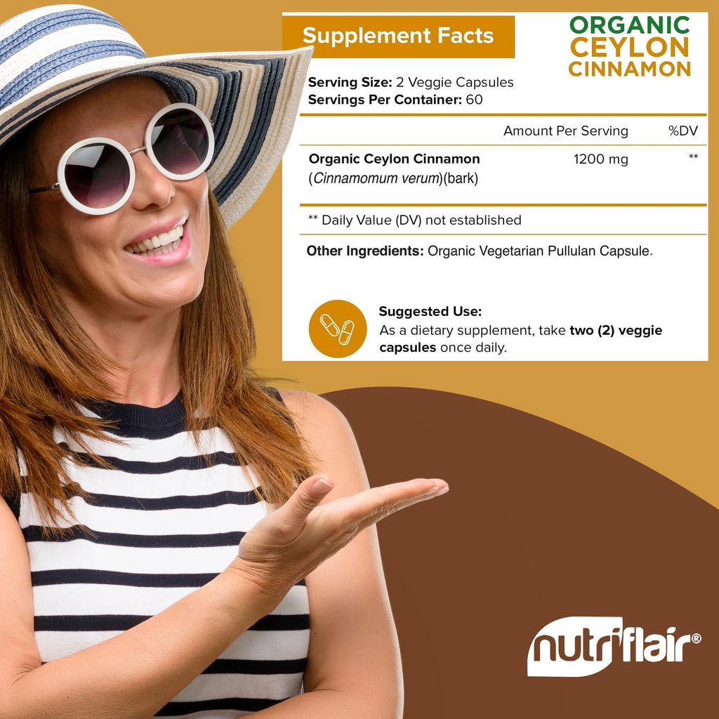 NutriFlair Organic Ceylon Cinnamon Supplement 1200mg, 120 Capsules - USDA Certified - Non-GMO, Gluten Free Powder, Antioxidant Pills