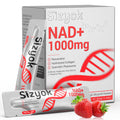 Sizyok NAD+ 1000mg supplement packaging with red text and DNA strand graphic on a white background.