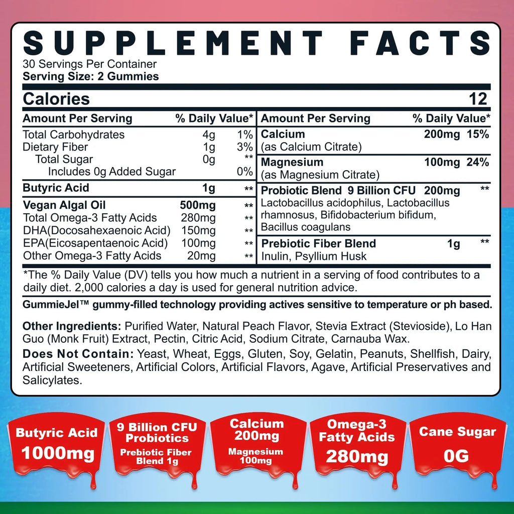Butyrate Gummies with Probiotic + Prebiotic + Postbiotic, Omega-3 500mg,Fiber with 9 Billion CFU Probiotics, Calcium & Magnesium, Inulin,Psyllium Husk for Digestive Health,Bloating Support,Sugar Free NextdiaBuy Supplements Australia