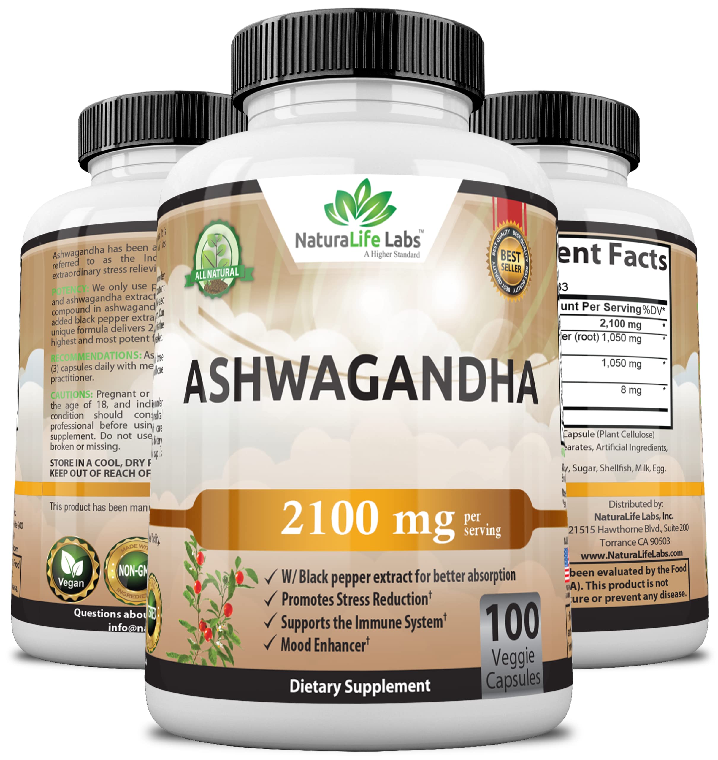 Organic Ashwagandha 2,100 mg - 100 Vegan Capsules Pure Organic Ashwagandha Powder NaturaLife Labs A Higher StandardBuy Supplements Australia