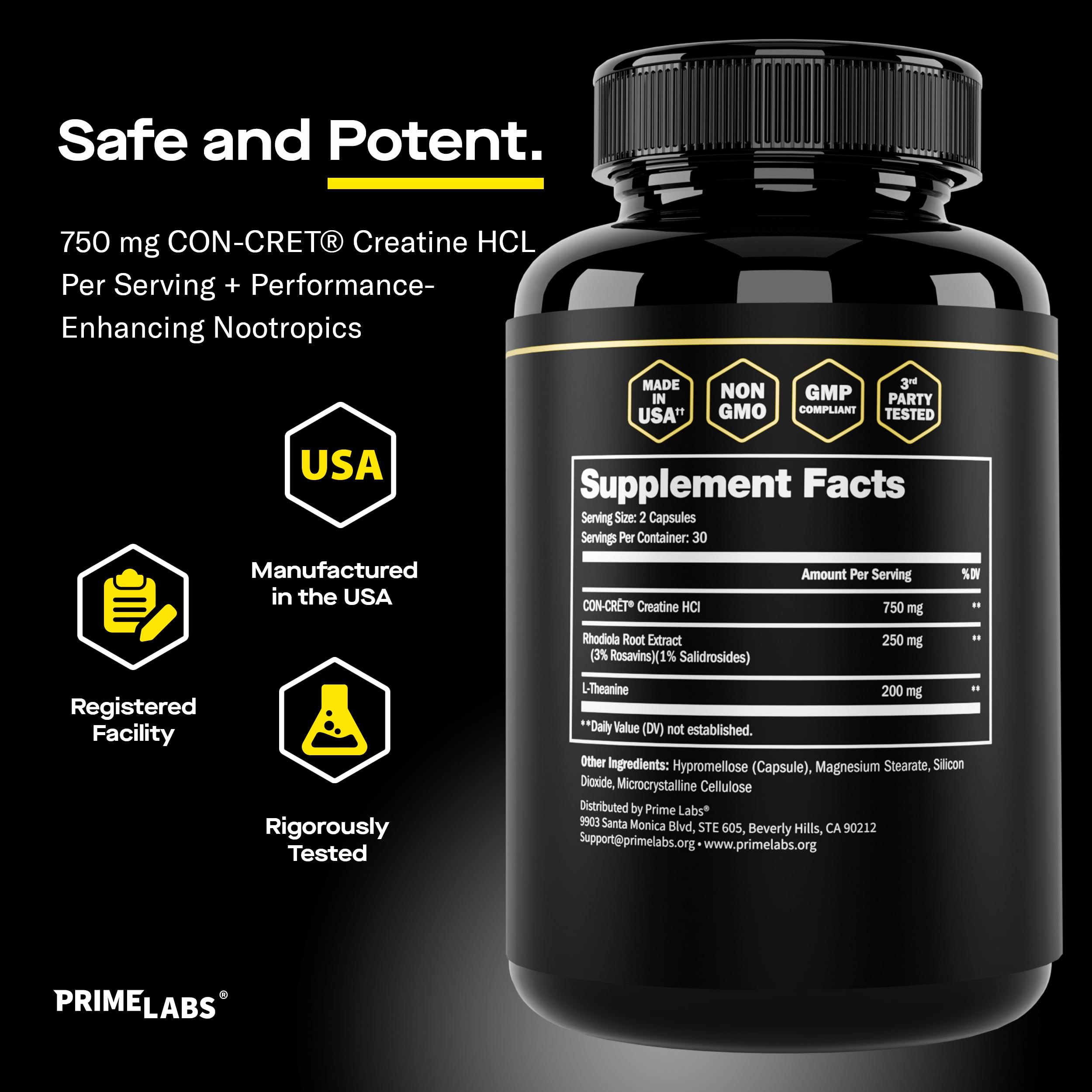 Prime Labs Creatine HCl Capsules - with CON-CRĒT®, Rhodiola Root Extract, & L-Theanine - Muscle Support, Endurance, Cognitive Function - for Men & Women - 60 Pills Prime LabsBuy Supplements Australia