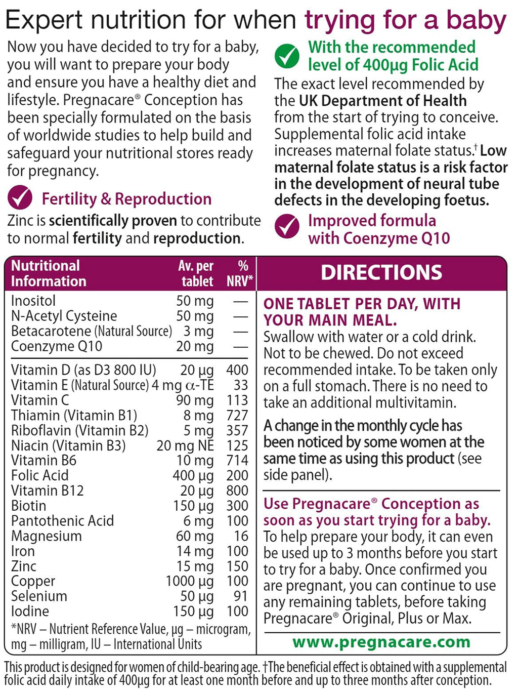 Pregnacare Conception Tablets, Pack of 30, 30 Count PregnacareBuy Supplements Australia