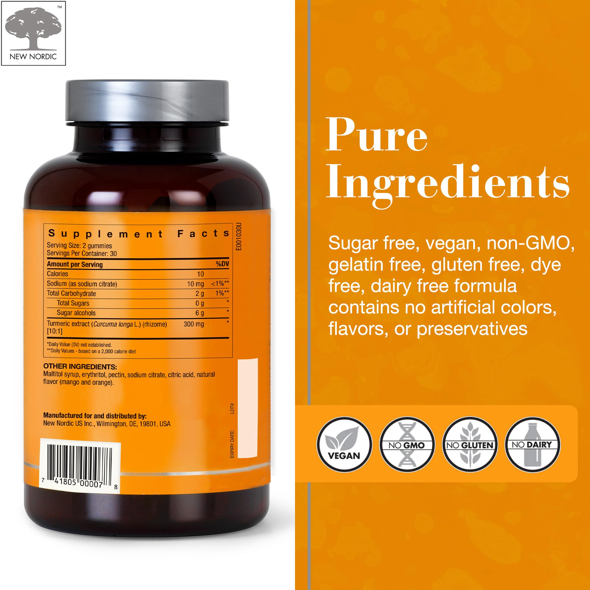NEW NORDIC Turmeric Curcumin Gummies, Sugar Free, 300 mg Turmeric Supplement for Men and Women, Supports Normally Functioning Joints, Knees, Shoulders, Mango Orange, 60 Count NEW NORDICBuy Supplements Australia