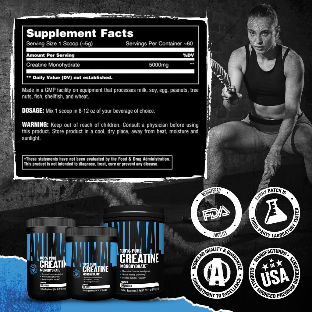 Animal Creatine Monohydrate Powder – Micronized Creatine for Women and Men, Supports Muscle Growth, Strength, Endurance, Recovery and ATP Production, Gym & Workout Supplements - Unflavored, 300g AnimalBuy Supplements Australia