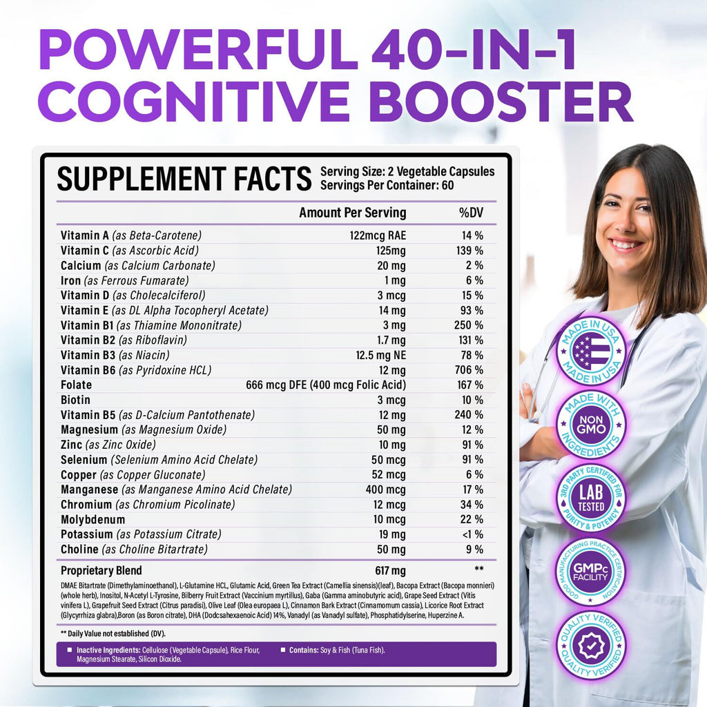 40-in-1 Brain Booster Supplements for Memory, Focus, Clarity, Energy, Performance | Natural Nootropic Brain Support Supplement with DMAE, Bacopa Monnieri & More | For Men & Women | 120 V Capsules Rainbow Nutrients, LLCBuy Supplements Australia