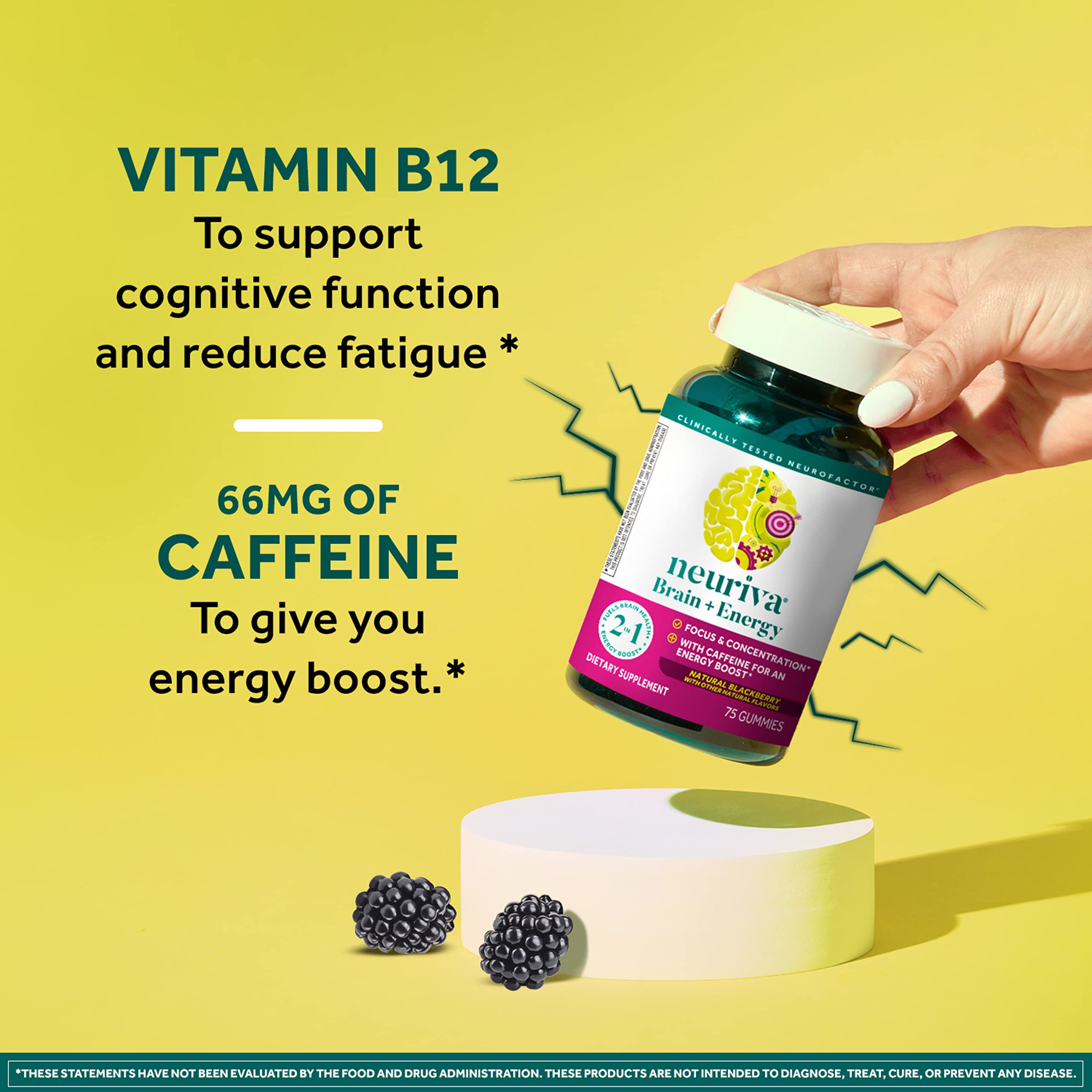 NEURIVA Brain + Energy Gummies, Nootropic Brain Supplements for Focus and Concentration with Neurofactor, Vitamin B12 & Caffeine for an Energy Boost*, 75ct Natural BlackBerry NEURIVABuy Supplements Australia