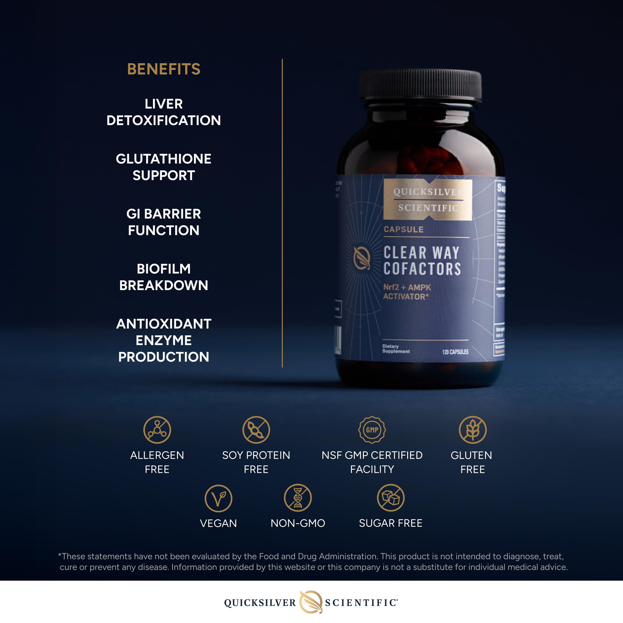 Quicksilver Scientific Clear Way Cofactors - Body Detox Cleanse Support with Vitamin B1, Dandelion Extract, Quercetin & Nattokinase Enzyme - Antioxidant Cleanse to Support Gut Health (120 Capsules) Quicksilver ScientificBuy Supplements Australia