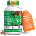 Supplement bottle labeled 'mega fruits & veggies blend' with a tag indicating daily intake and supply duration, on a white background.