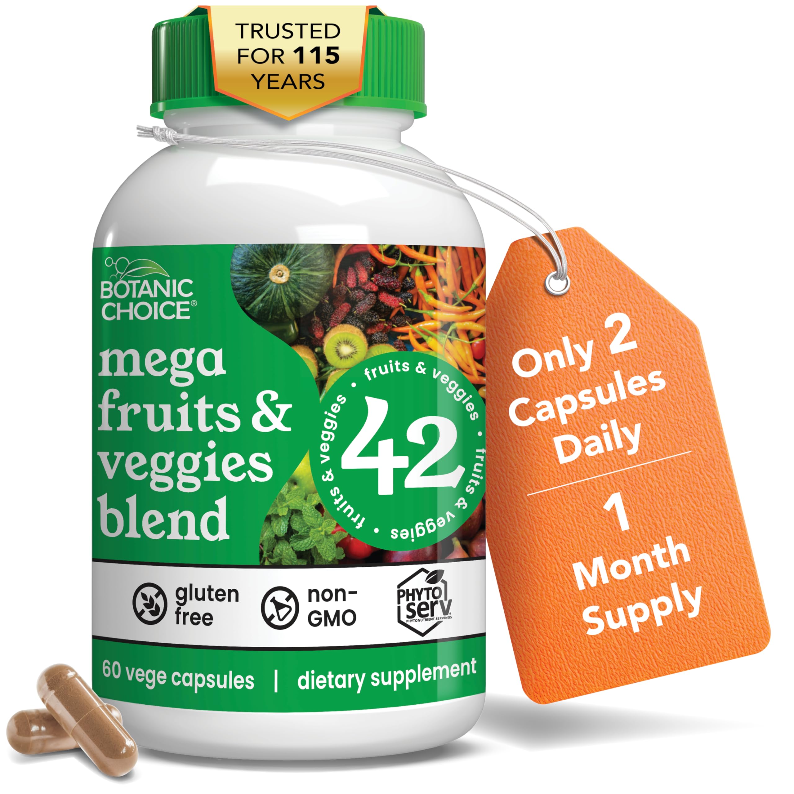 Supplement bottle labeled 'mega fruits & veggies blend' with a tag indicating daily intake and supply duration, on a white background.