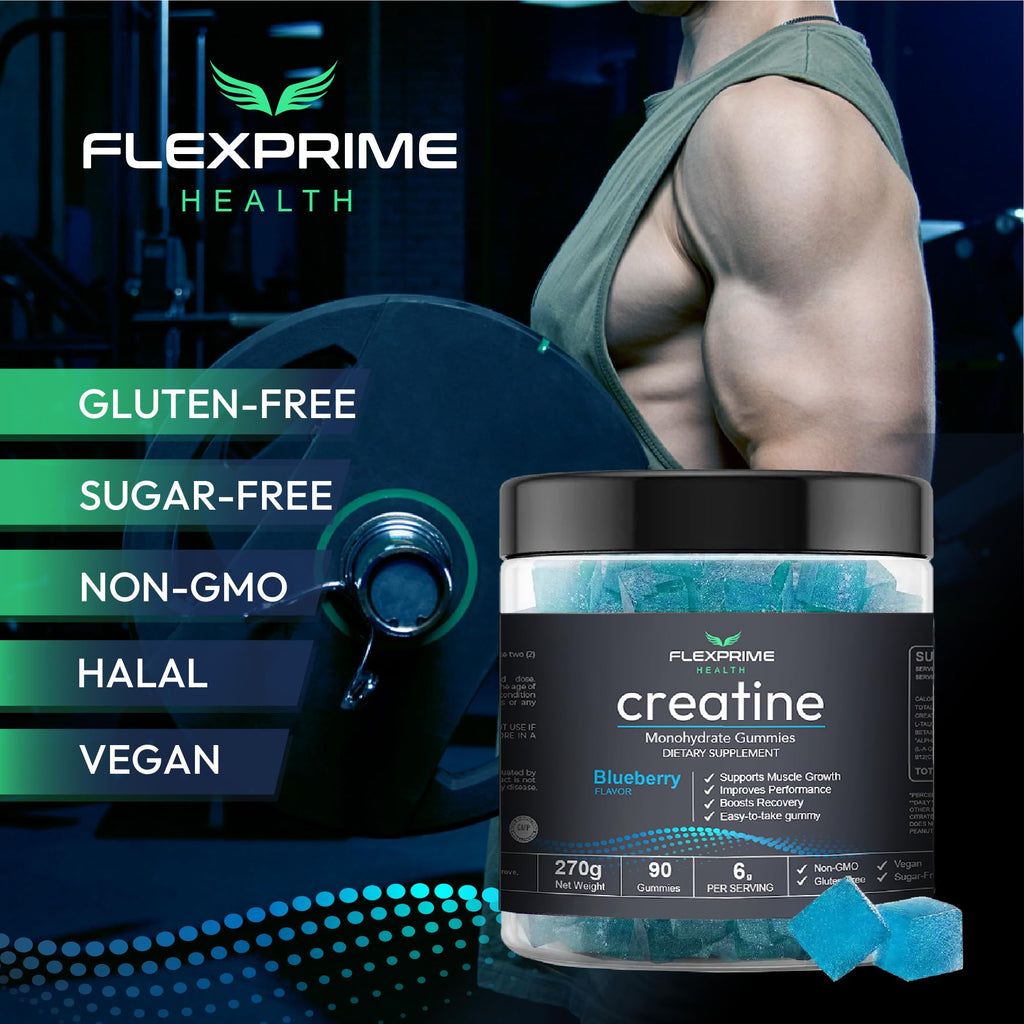 FlexPrime Creatine Gummies Sugar Free - 6g Creatine Monohydrate + L-Taurine, Alpha GPC, Betaine | Vegan Halal Blueberry Chews for Lean Muscle, Strength, Brain Health | Men Women 90 Count FlexPrimeBuy Supplements Australia