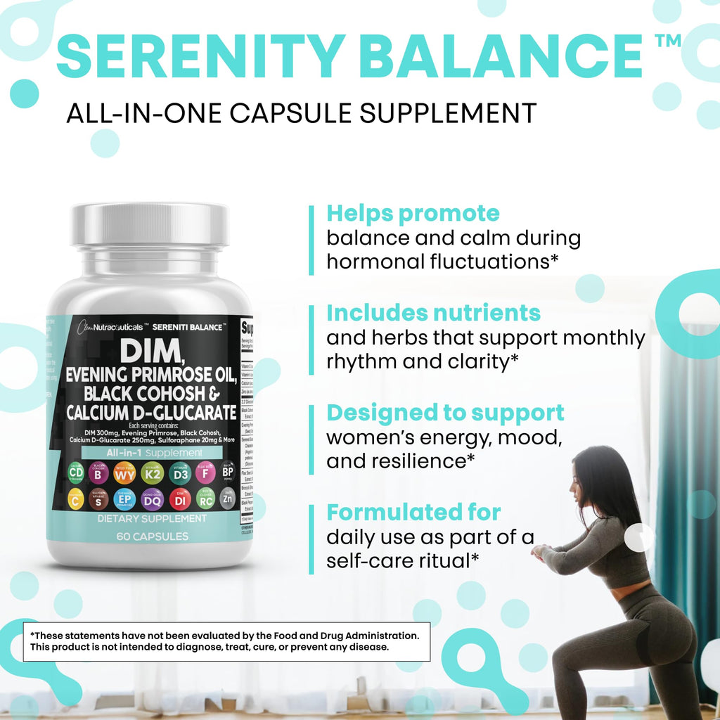 Clean Nutraceuticals DIM Evening Primrose Black Cohosh Calcium D-Glucarate Sulforaphane Flax Seed Extract - Hormonal Support Vitamins for Women with Dong Quai - 60 Caps Clean NutraceuticalsBuy Supplements Australia