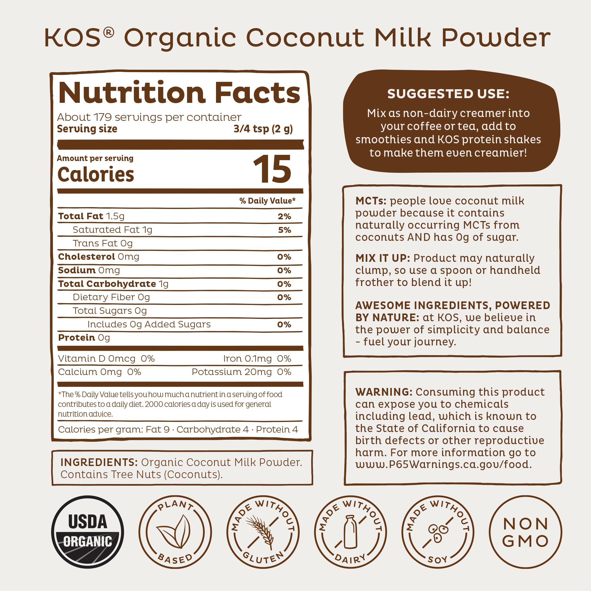 KOS Organic Coconut Milk Powder, USDA Certified Organic - 0g Sugar, MCT Plant Based Creamer for Coffee, Smoothies, Vegan, Keto, Paleo Friendly, Non-GMO, Gluten or Dairy- 12.6oz, 179 Servings KOS buy supplements Au