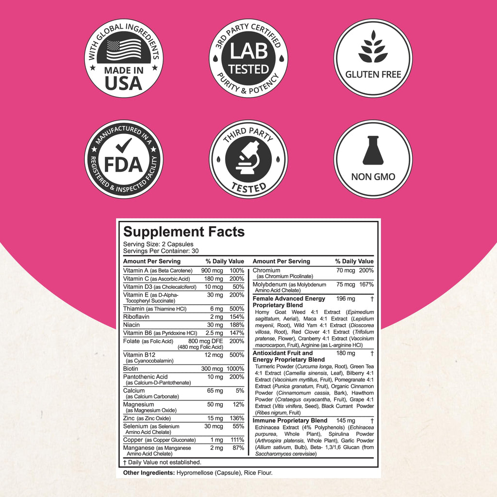 Multivitamin for Women with 39 Key Nutrients, Essential Vitamins, Minerals, Horny Goat Weed, Maca, Wild Yam, Red Clover, Cranberry, Arginine, Herbal Supplement | 60 Vegan Capsules | 1 Month Supply NuBest buy supplements Au