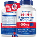 PeakVigor 16-IN-1 Magnesium Complex supplement bottle with label details on a white background