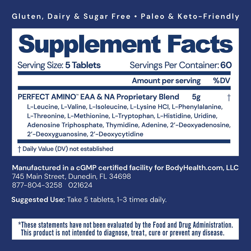 BodyHealth PerfectAmino (300 Tablets) Essential Amino Acid Supplement with EAA, Muscle Recovery, Boost Energy & Stamina, 99% Utilization