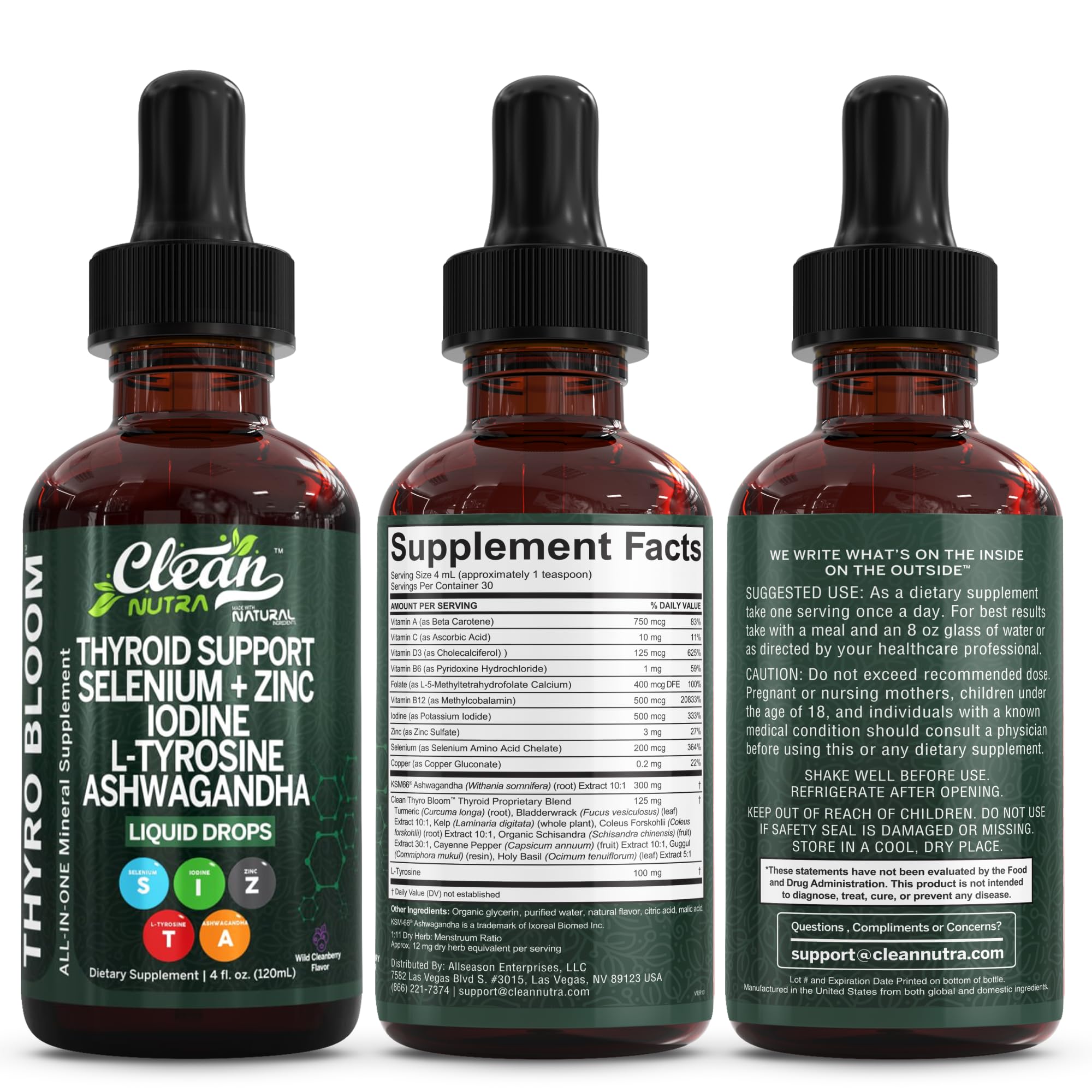 Clean Nutra Thyroid Support Drops Selenium Zinc Iodine L Tyrosine KSM66 Ashwagandha Vitamin D3 B12 A C Turmeric Kelp Schisandra Guggul Cayenne Basil Liquid Supplement Folate Copper Thyro Bloom Drop Clean NutraceuticalsBuy Supplements Australia