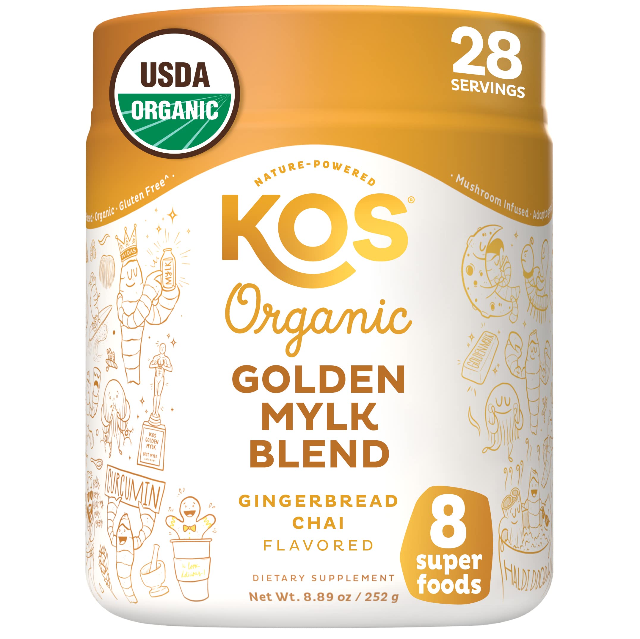 KOS Golden Mylk with Tumeric and Ginger, Organic Superfood Latte Powder, Adaptogen Mushroom Blend - Coffee Creamer, Dessert & Smoothie - Caffeine Free, Vegan, Dairy-Free, Gingerbread Chai, 28 Servings KOS buy supplements Au