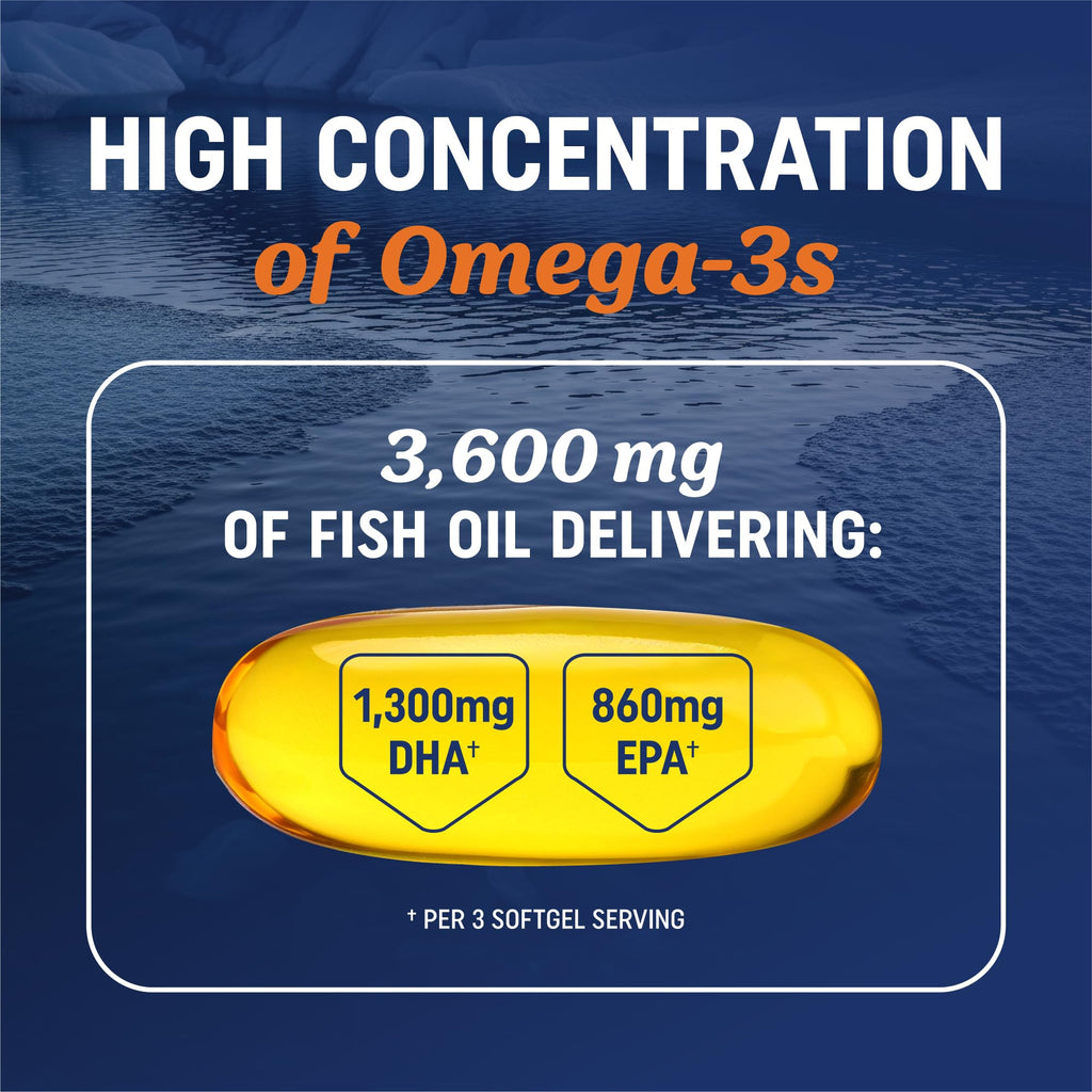 Triple Strength DHA Omega 3 Fish Oil 3600 mg | Over 2100mg Omega-3 Fatty Acids with 860mg of DHA | 1300mg EPA | Best Essential Fatty Acids