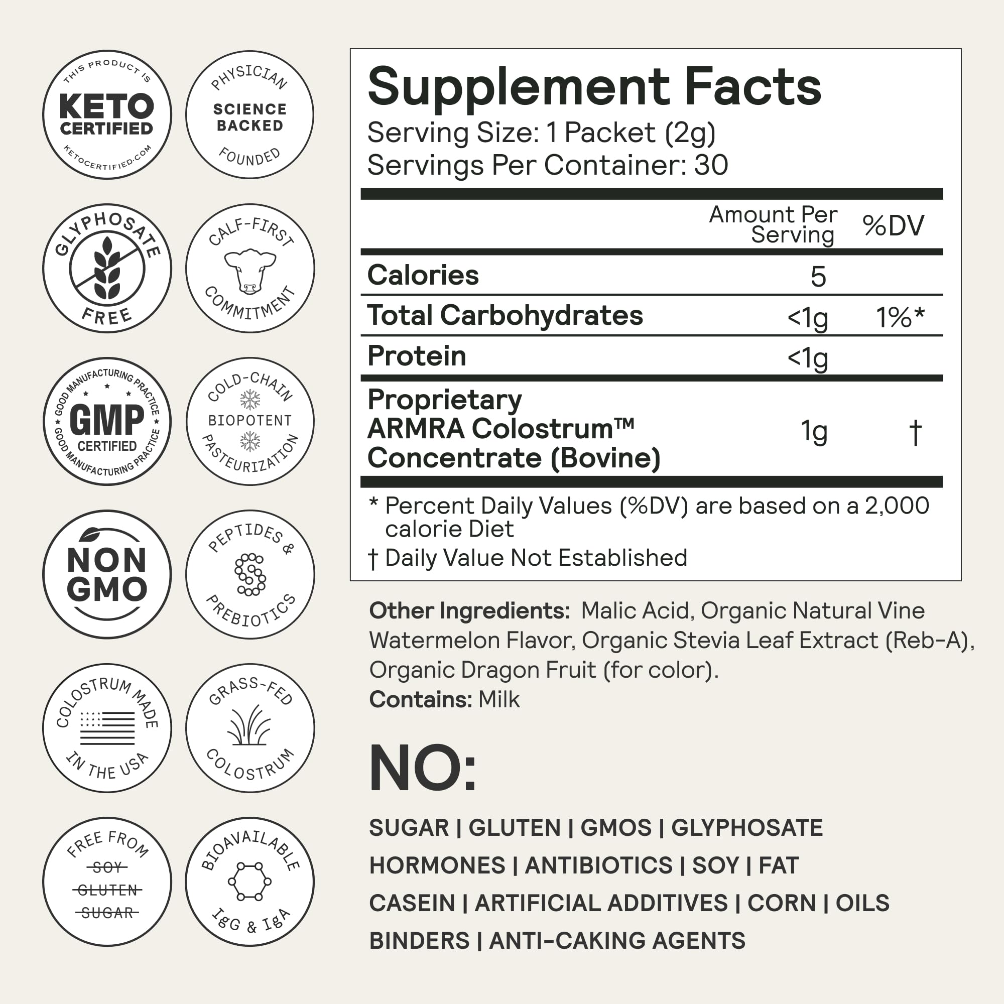 ARMRA Colostrum Powder | Vine Watermelon | Gut Health & Bloating | Skin & Hair | Immunity | Keto, Gluten & Fat-Free | 30 Servings