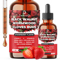 Two bottles of Dedico Black Walnut Wormwood Cloves Buds with strawberry flavor on a white background.