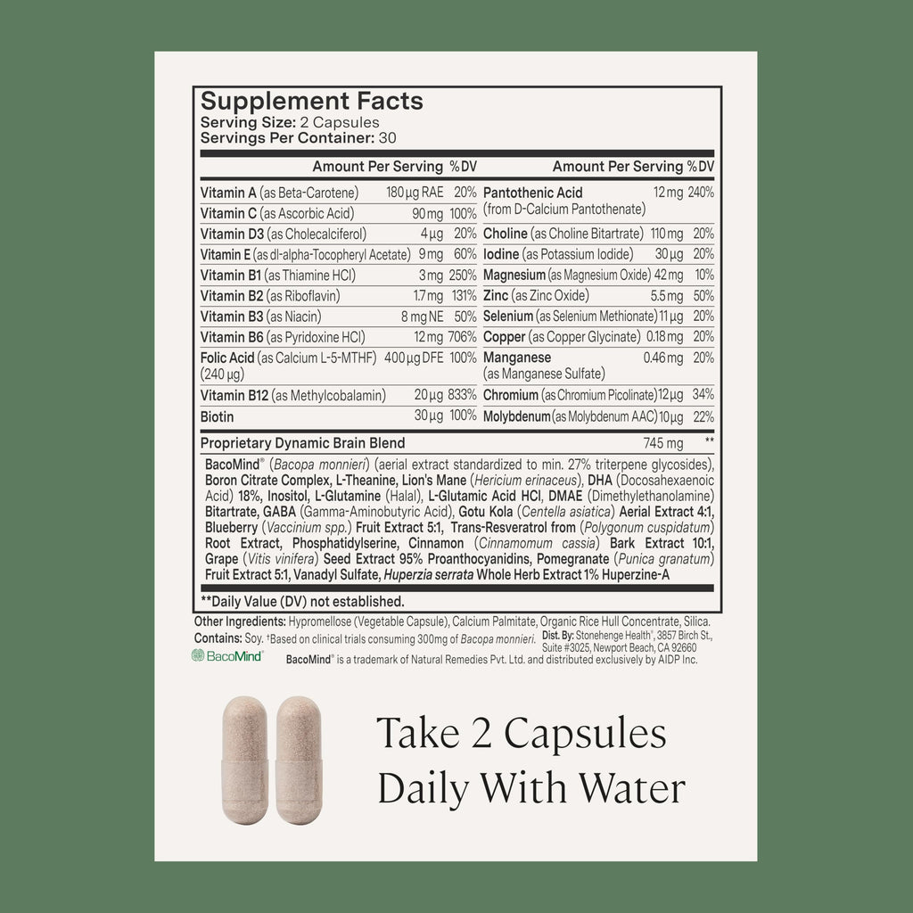 Stonehenge Health Dynamic Brain – BacoMind® Bacopa Nootropic Formula – Memory, Recall & Retention, Phosphatidylserine, Huperzine A, DHA & Choline – 40 Brain-Boosting Ingredients – Non-GMO, 60 Caps Stonehenge HealthBuy Supplements Australia
