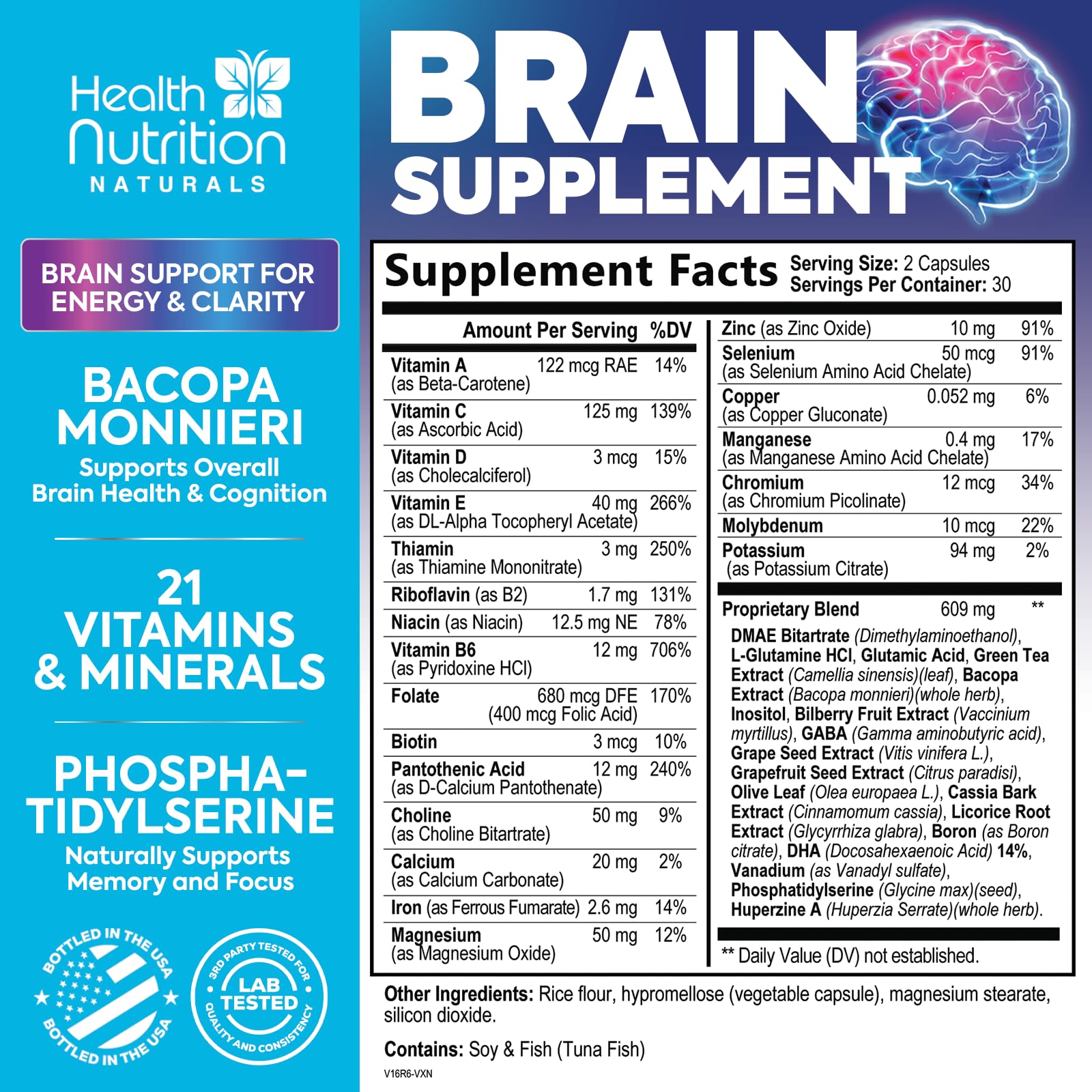 Brain Memory Supplement - 3X Strength Nootropics for Concentration, Clarity & Focus Support - Brain Health Cognitive Vitamins with Bacopa, Phosphatidylserine & DMAE 609mg, Brain Booster, 60 Capsules Health Nutrition NaturalsBuy Supplements Australia