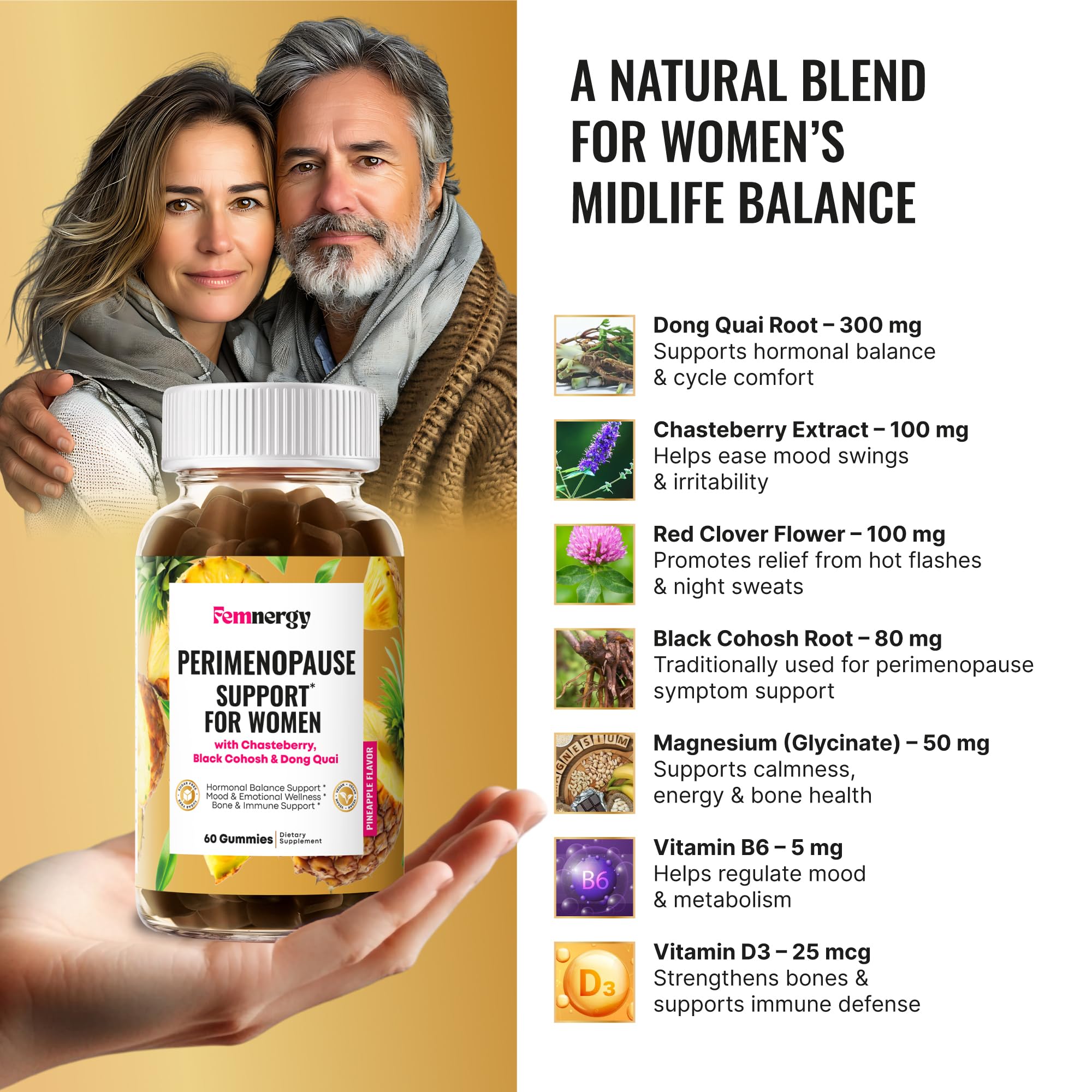 Femnergy Perimenopause Support Gummies for Women - Menopause Relief Estrogen & Hormone Balance Supplement with Black Cohosh Chasteberry Vitamins D3 B6 for Hot Flashes Night Sweats & Mood Swings FemnergyBuy Supplements Australia