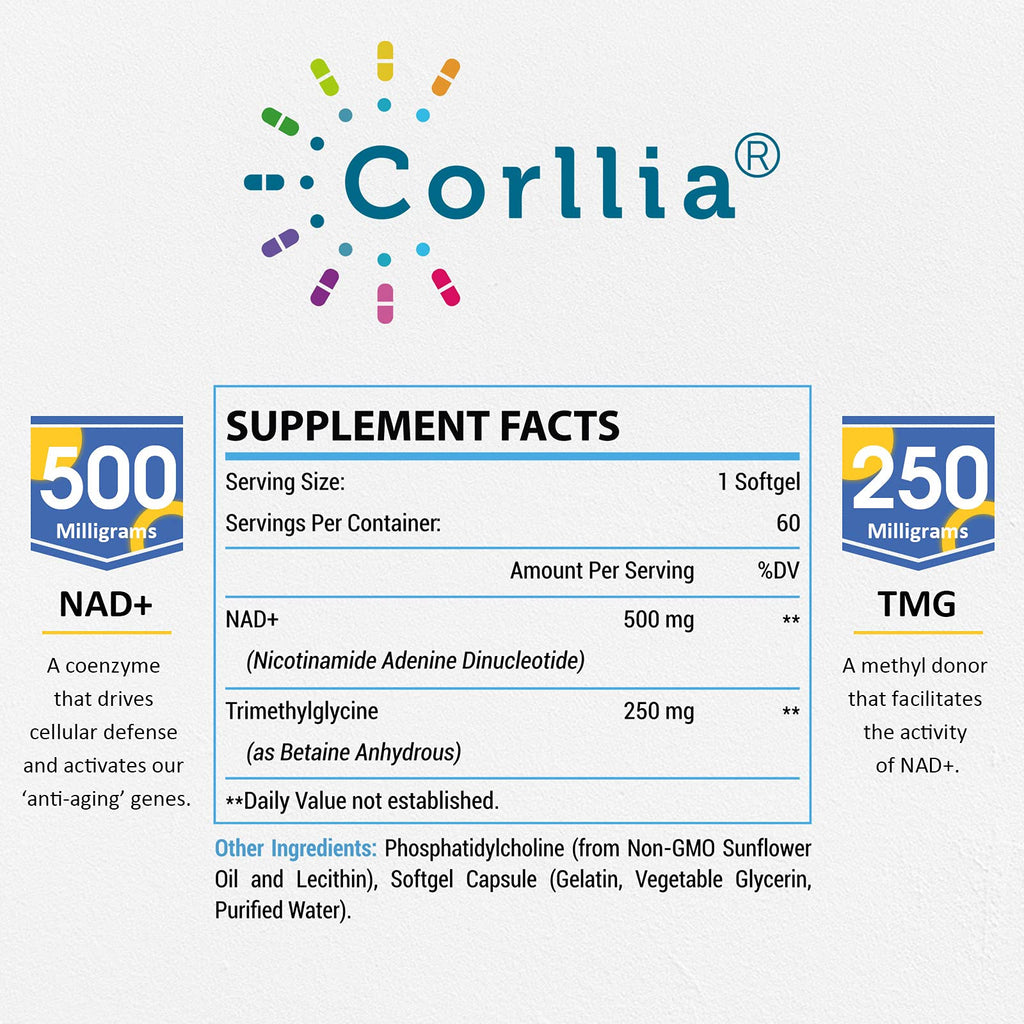 Liposomal NAD+ 500mg with TMG 250mg Softgels, Nicotinamide Riboside Alternative, Actual NAD+ Supplement, 120 Servings CorlliaBuy Supplements Australia