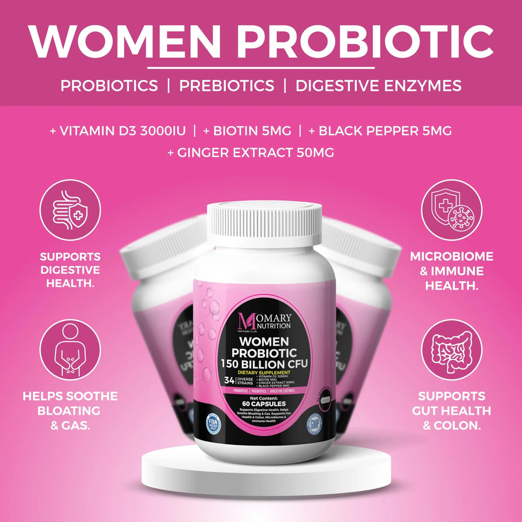 9-in-1 Bio Cultures Complex for Women – 150 Billion CFU Probiotics with 34 Diverse Strains, Organic Prebiotics, Postbiotics, Digestive Enzymes & Biotin – Supports Digestive Balance & Gut Microbiome MOMARY NUTRITIONBuy Supplements Australia