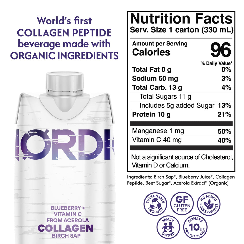 Nordic Liquid Collagen Peptide Drink, Organic Birch Sap, Wild blueberry + Vitamin C, Made in Finland - 10g Clinically Studied Grass Fed Collagen Peptides for Skin Hair Nails & Joint Support, with Silica, BPA-Free Beverage (12 Pack) Nordic Tree WaterBuy Supplements Australia
