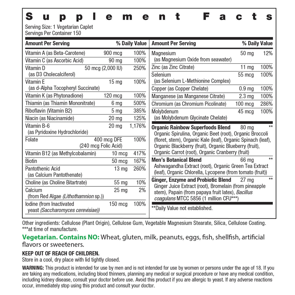 Rainbow Light Mens Multivitamin One + | 150 Caplets | Supports Cellular Energy & Immune Health | with Vitamins C, D, and Zinc | Real Food Nutrients