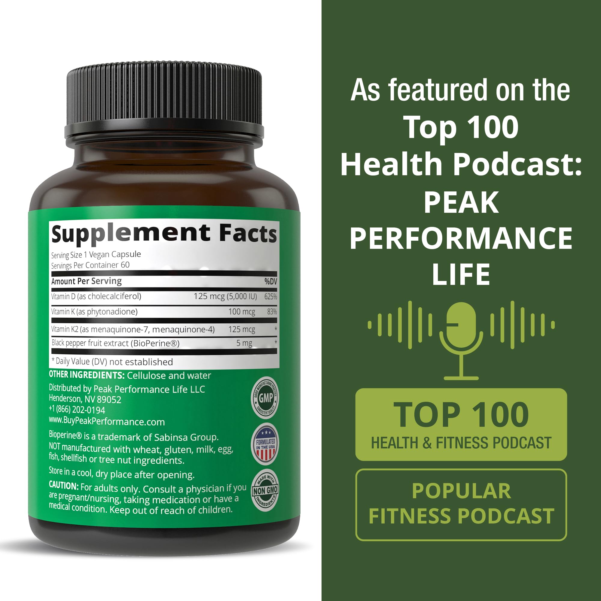 Peak Performance Advanced Vitamin D 5000 IU with All 3 Types of Vitamin K Vitamin D3 and Vitamin K2, K1, MK-7 (MK7), MK4 Supplement