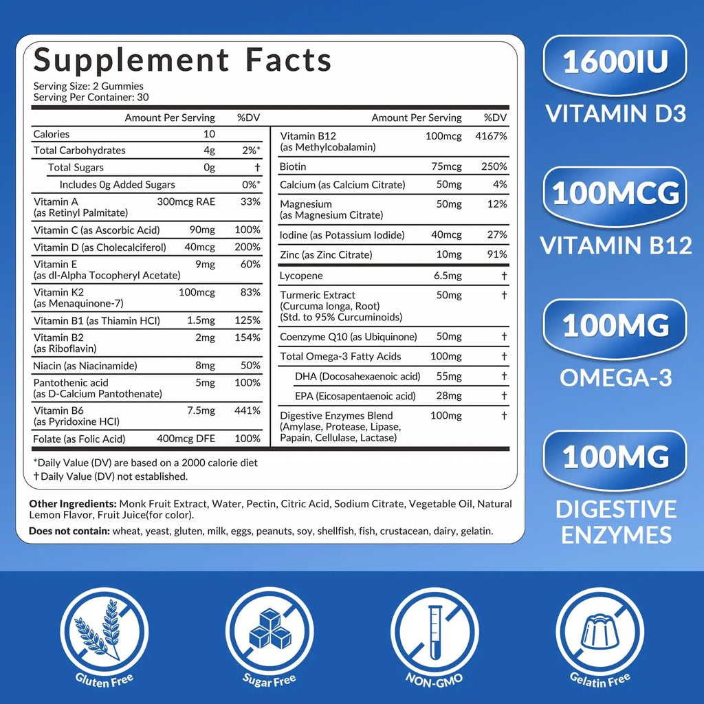 WEEVIT Mens Multivitamins Gummies, Omega 3, CoQ10, Turmeric, Lycopene, Digestive Enzymes, Daily Mens Vitamins A C D E B6 B12 WEEVIT