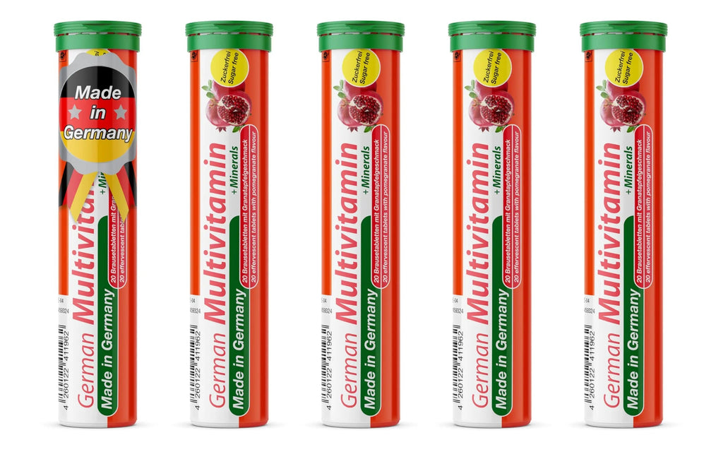 T&D German Multvitamin + Minerals 10 Vitamins 2 Minerals - 100 Vegan Drink Effervescent Tablets - Pomegranate Flavor T&D
