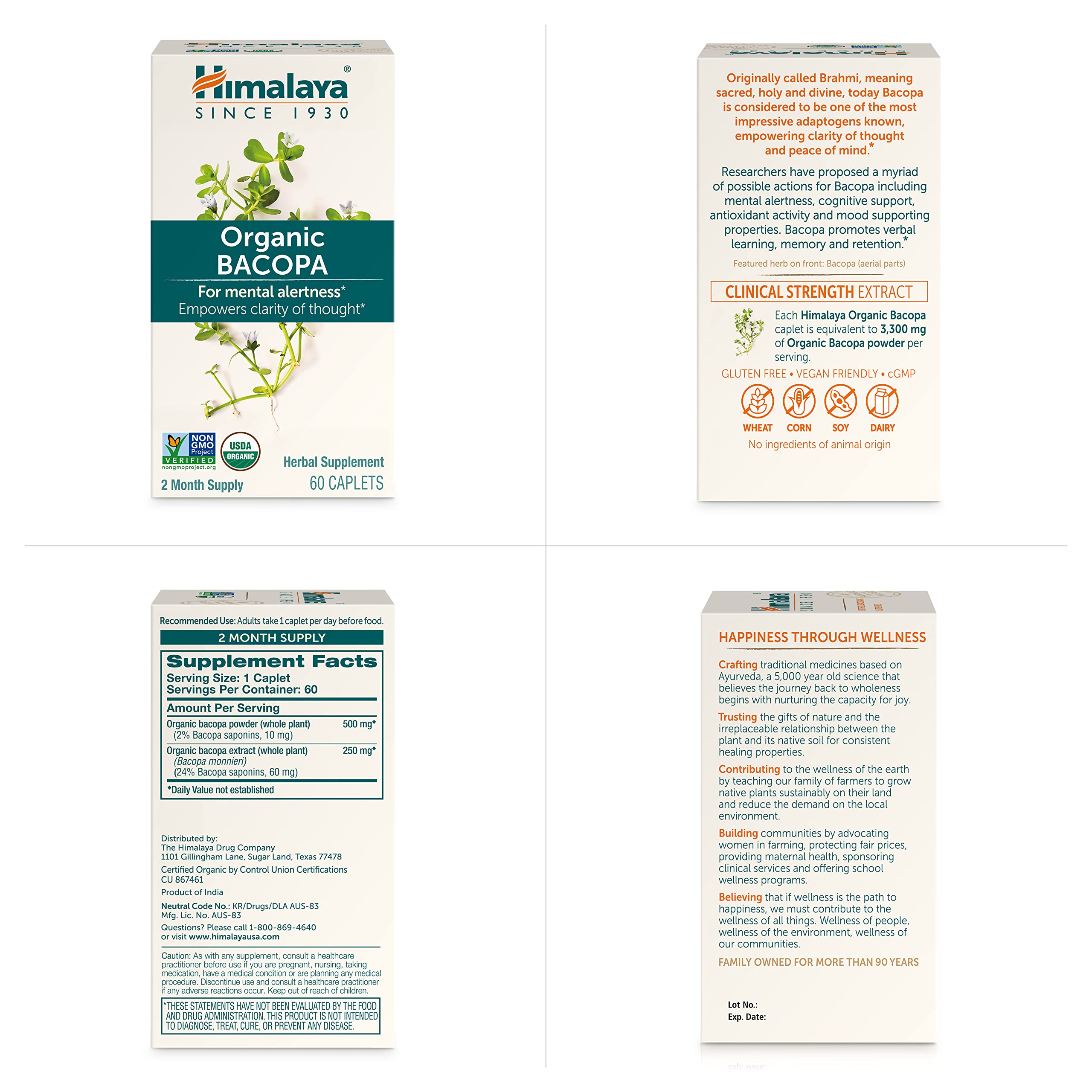 Himalaya Bacopa Monnieri Nootropic Herbal Supplement, Supports Calm, Memory, Cognition, USDA Certified Organic, Non-GMO, 750 mg, 60 Plant-Based Caplets, 60 Day Supply HimalayaBuy Supplements Australia