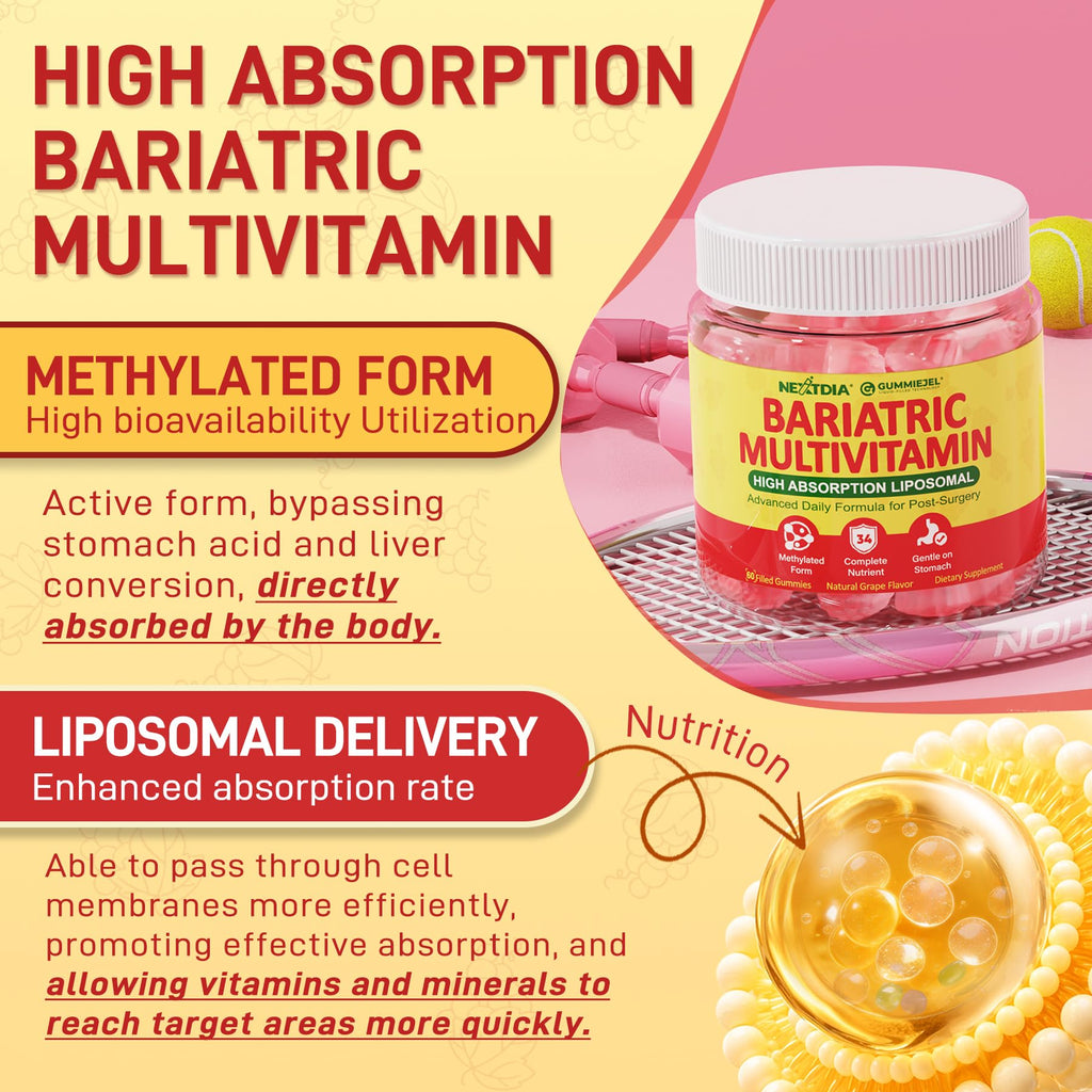 Liposomal Methylated Bariatric Multivitamin Gummies with Iron for Women & Men, High Absorption Multivitamin w/CoQ 10, Probiotic, Digestive Enzymes Support Gastric Bypass & Sleeve Recover, Energy,1Pack NextdiaBuy Supplements Australia