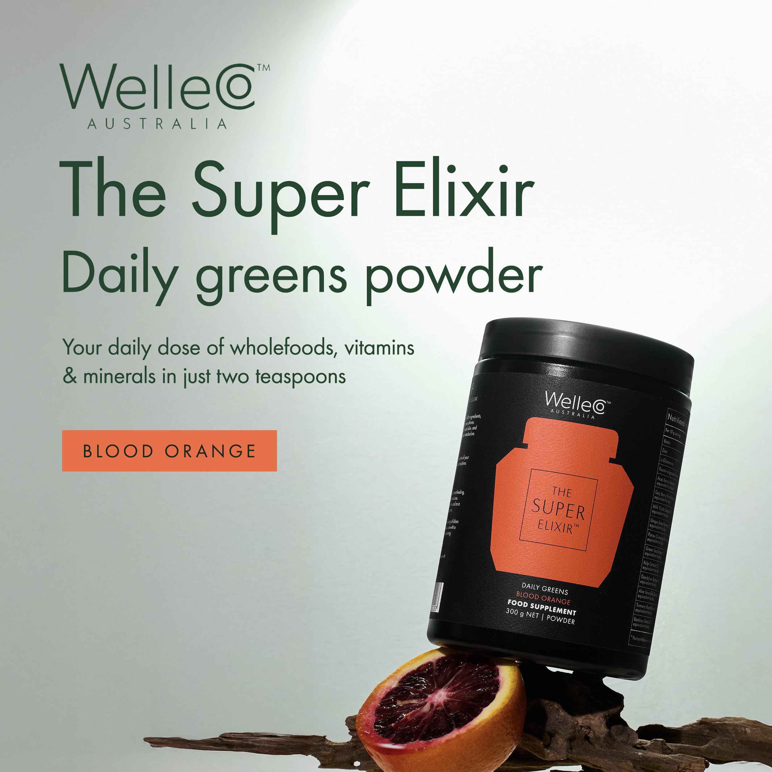 WelleCo The Super Elixir Daily Greens Powder, Probiotic Drink Mix with Whole Foods, Gluten Free, Vegan Gut Health Powder, Energy, Immunity, Healthy Skin, Hair & Nails (Jar, Blood Orange) WelleCoBuy Supplements Australia