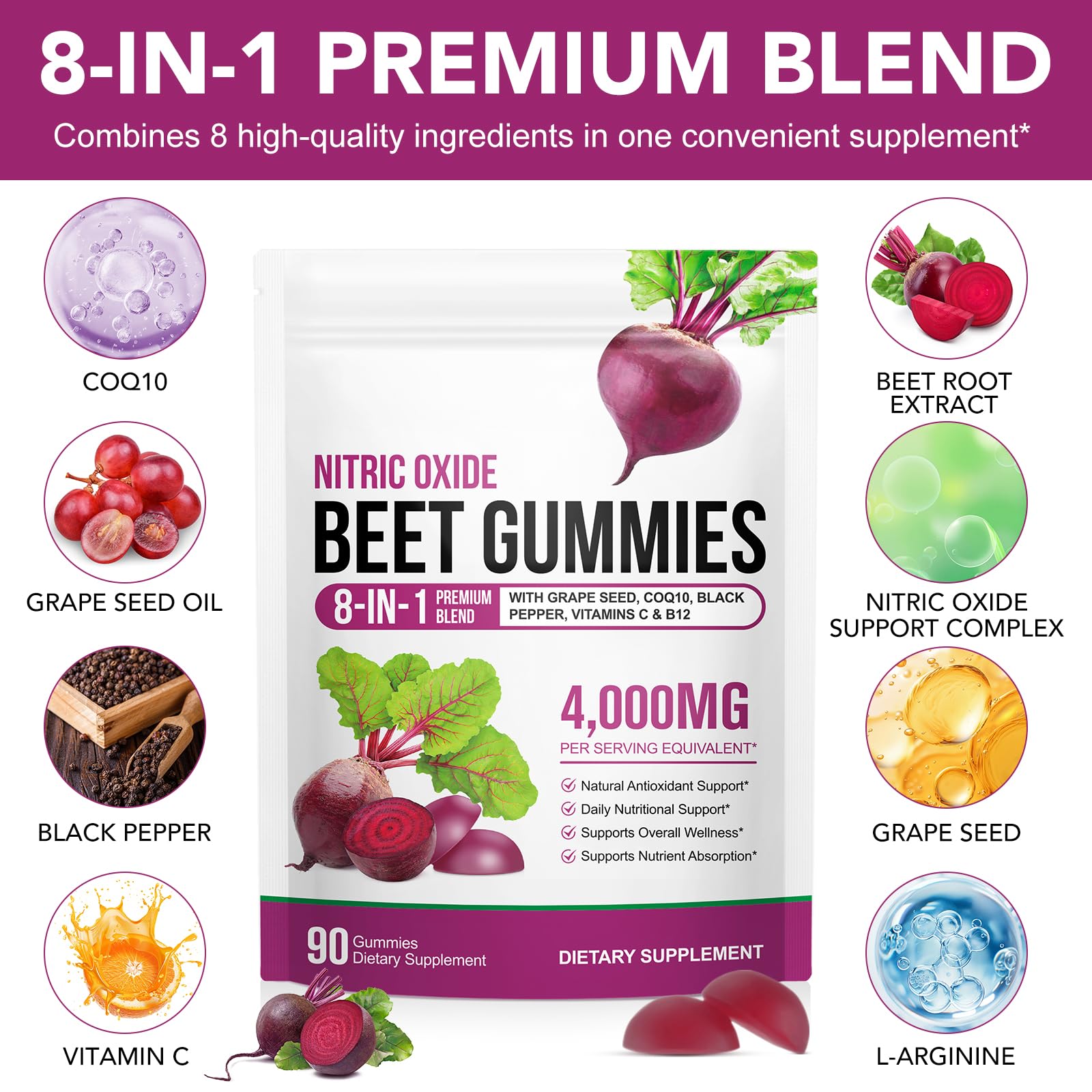 Beet Root Gummies Enriched with 200mg CoQ10 & Beet Root Extract for Blood Pressure, Heart Health Support, Energy Level Suport, Promoting Nitric Oxide