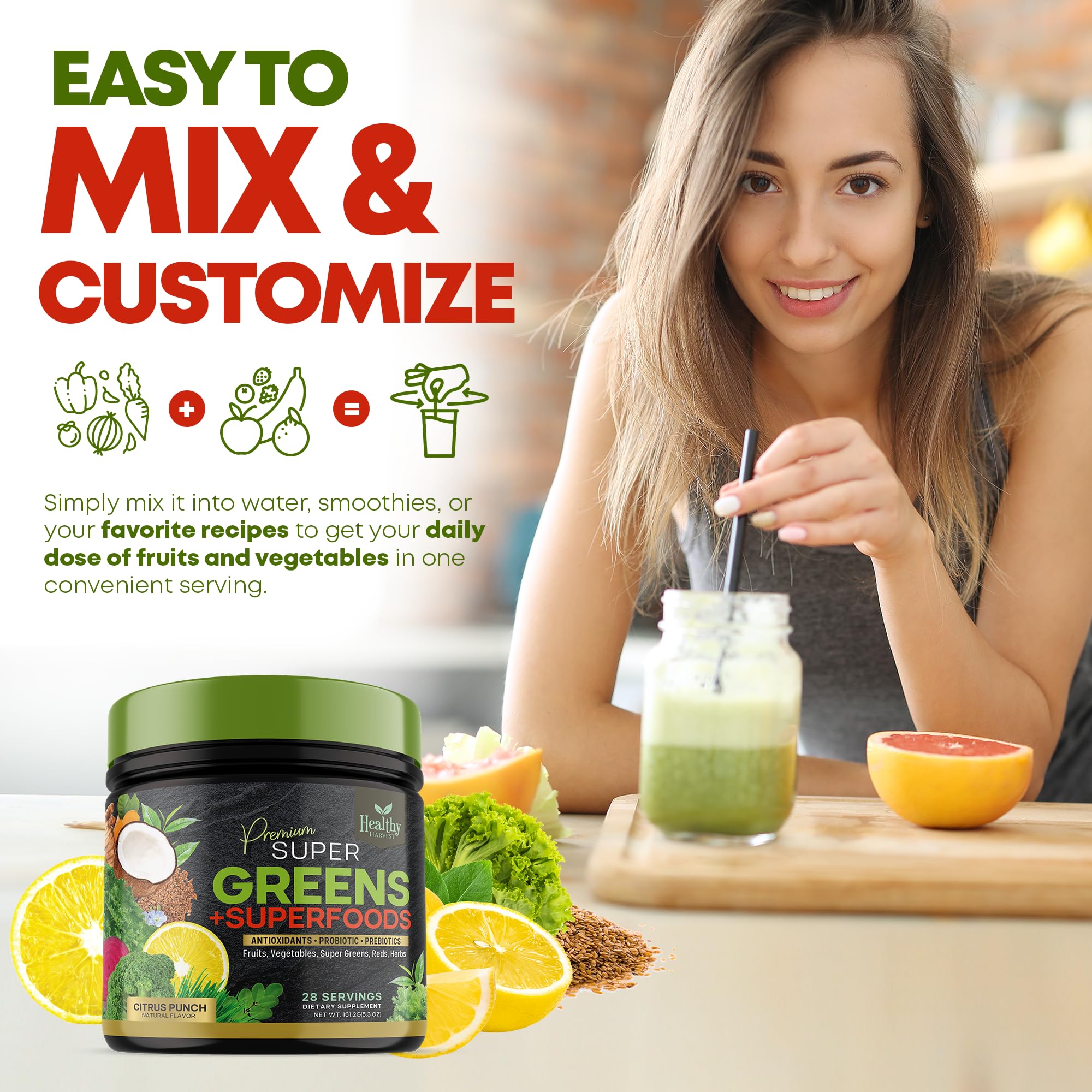 Greens Powder Superfood Supplement - Super Green Reds Smoothie Mix Blend with Spirulina Healthy Harvest NutritionBuy Supplements Australia