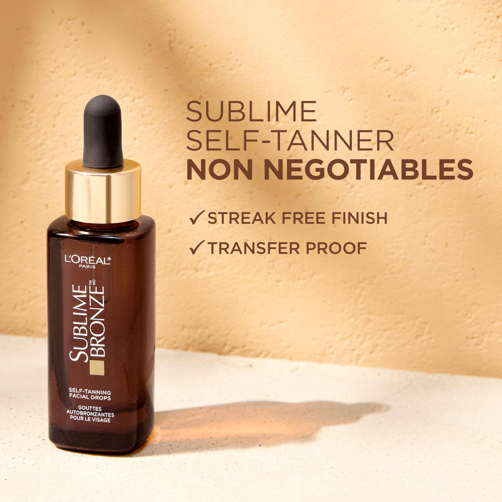 L'Oreal Paris Sublime Bronze Self Tanning Facial Drops with Hyaluronic Acid, Gradual Tan, Fragrance-Free, 1 fl. Oz