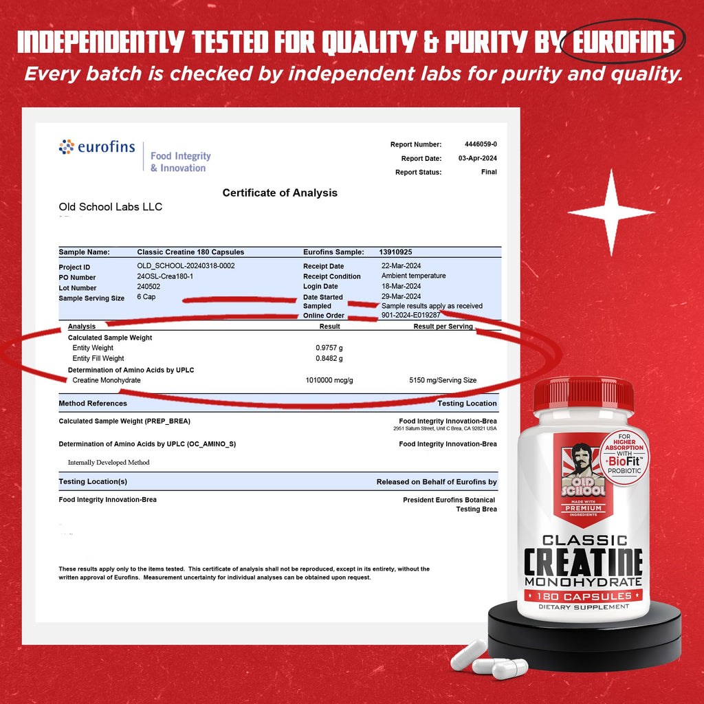 Old School Labs 5000mg Creatine Monohydrate Capsules With BioFit™ (Max Strength) Supports Muscle Growth & Recovery, Performance, Cognitive Health - Creatine Pills for Men & Women, Made in USA 180 Caps Old School LabsBuy Supplements Australia