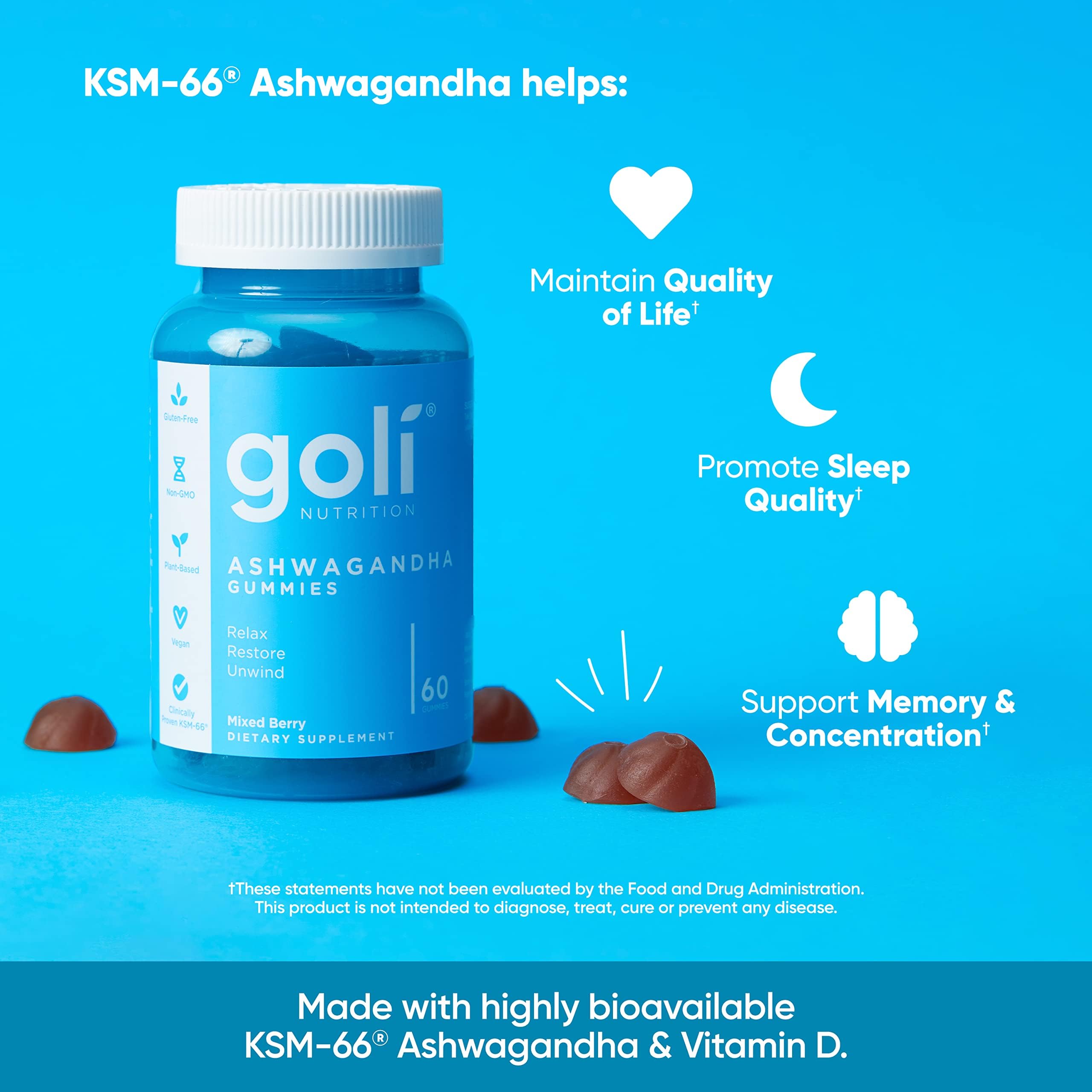 Goli Ashwagandha & Vitamin D Gummy - 60 Count - Mixed Berry, KSM-66, Vegan, Plant Based, Non-GMO, Gluten-Free & Gelatin Free Relax. Restore. Unwind, Pack of 1 GoliBuy Supplements Australia