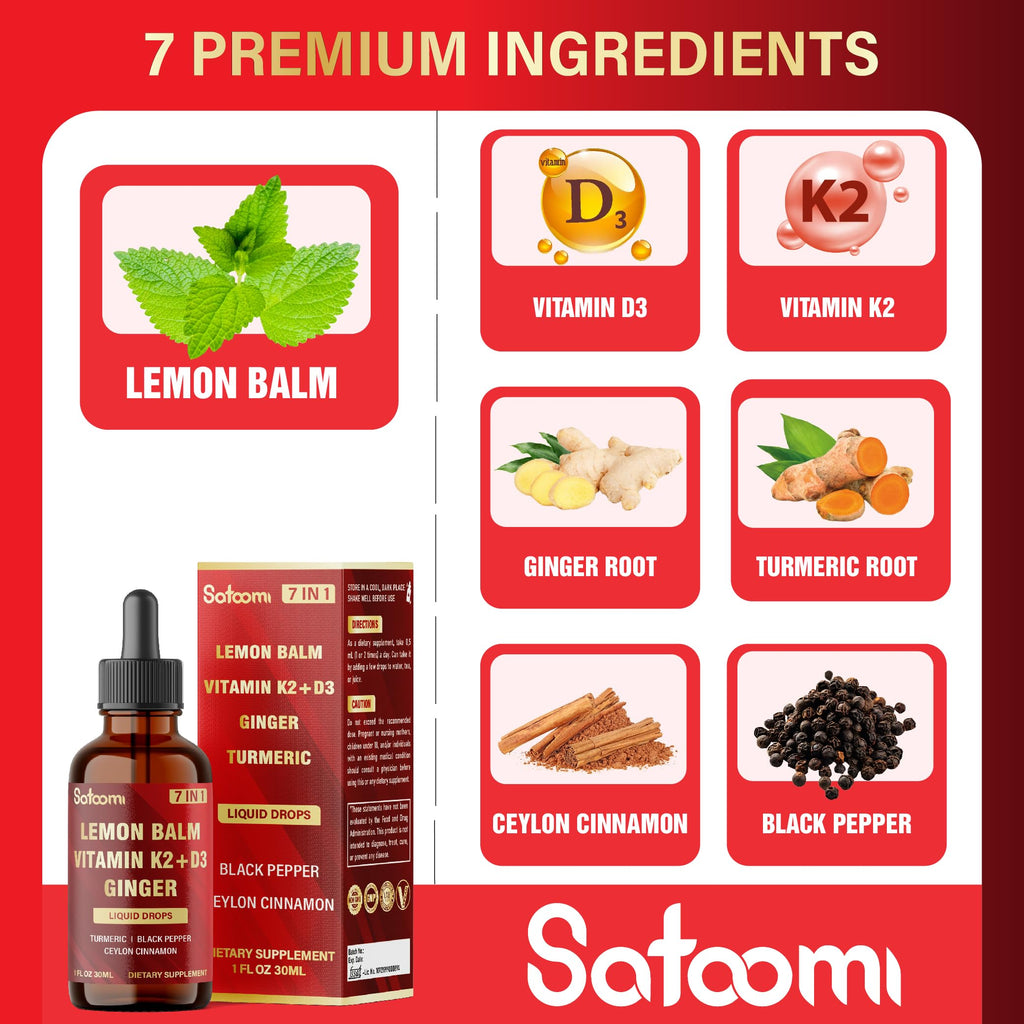Satoomi 7in1 Lemon Balm Tincture with Vitamin D3, Vitamin K2, Ginger Root, Turmeric, Ceylon Cinnamon and Black Pepper - 1 FL Oz - 60 Day Supply SatoomiBuy Supplements Australia