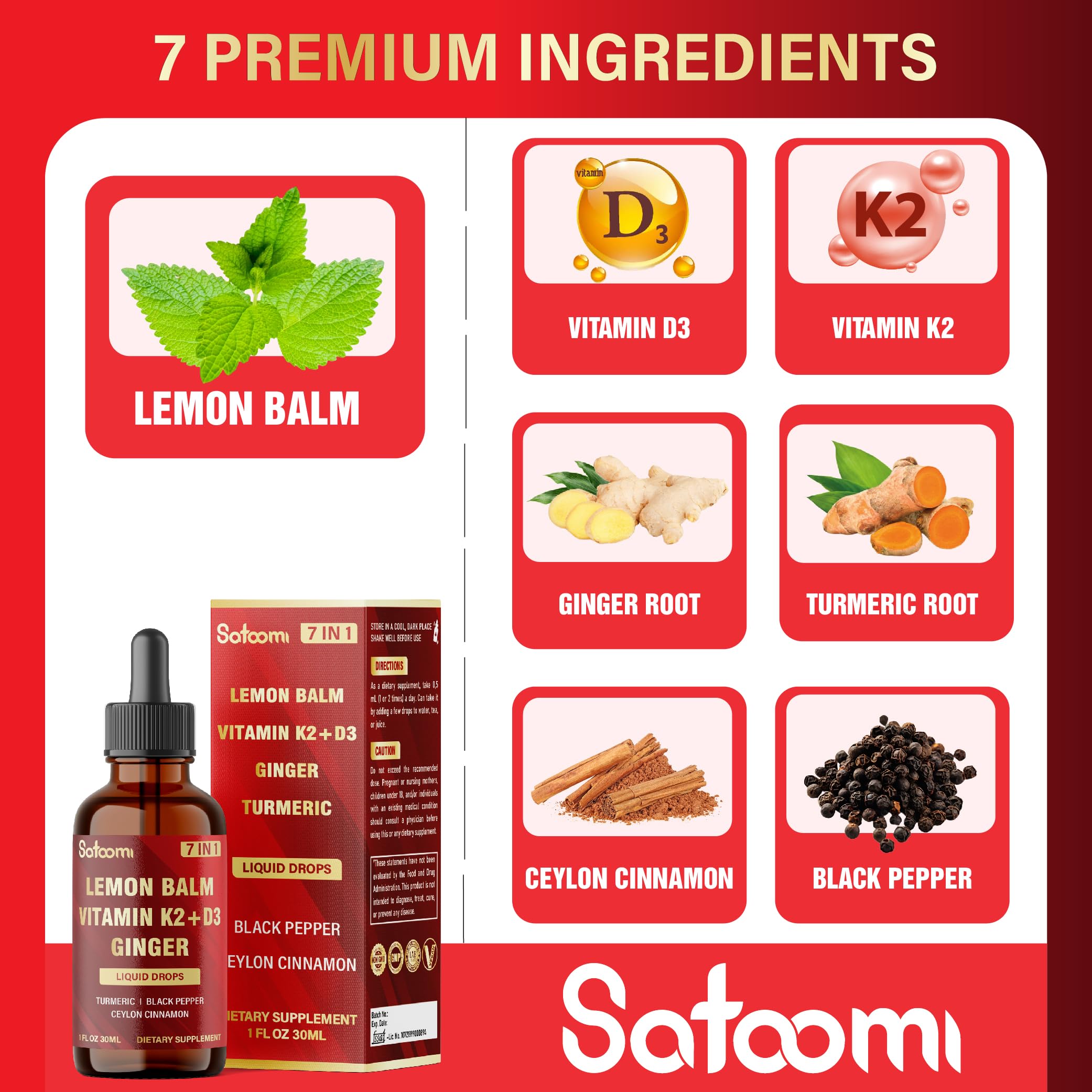 Satoomi 7in1 Lemon Balm Tincture with Vitamin D3, Vitamin K2, Ginger Root, Turmeric, Ceylon Cinnamon and Black Pepper - 1 FL Oz - 60 Day Supply SatoomiBuy Supplements Australia